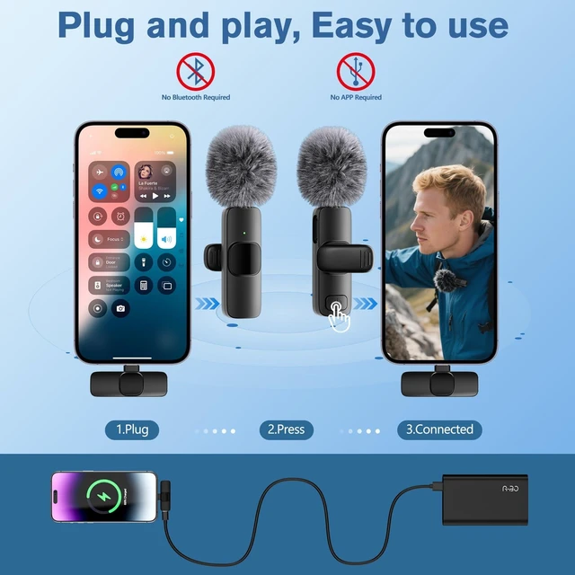 Alt view image 6 of 7 - Wireless Lavalier Microphone Mini Lapel Mic with USB-C + Lightning Adapters 48kHz/24-bit Omnidirectional Audio 2.4GHz Transmission 66ft Range For iPhone/iPad Video Recording