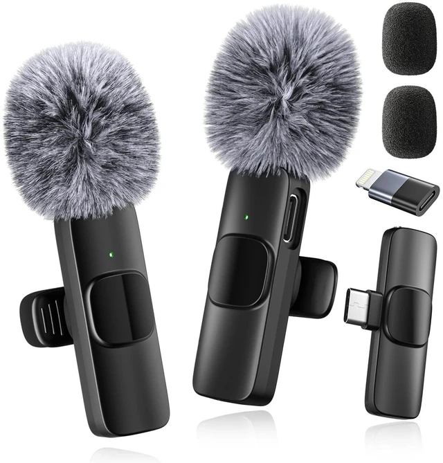 Main image of Wireless Lavalier Microphone Mini Lapel Mic with USB-C + Lightning Adapters 48kHz/24-bit Omnidirectional Audio 2.4GHz Transmission 66ft Range For iPhone/iPad Video Recording