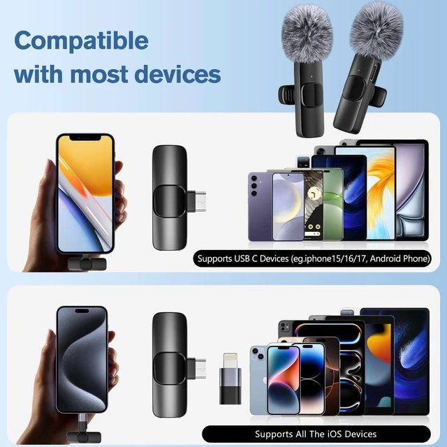 Alt view image 4 of 7 - Wireless Lavalier Microphone Mini Lapel Mic with USB-C + Lightning Adapters 48kHz/24-bit Omnidirectional Audio 2.4GHz Transmission 66ft Range For iPhone/iPad Video Recording