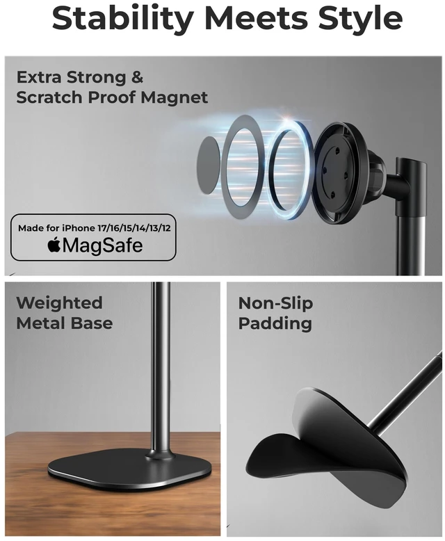 Alt view image 10 of 12 - MagStand, Adjustable Magnetic iPhone Stand for Desk & Phone Holder for Video Recording, Compatible with MagSafe, Stand for iPhone 17 Pro Max, 16/15/14/13/12, Small Mag Safe Tripod (Black)