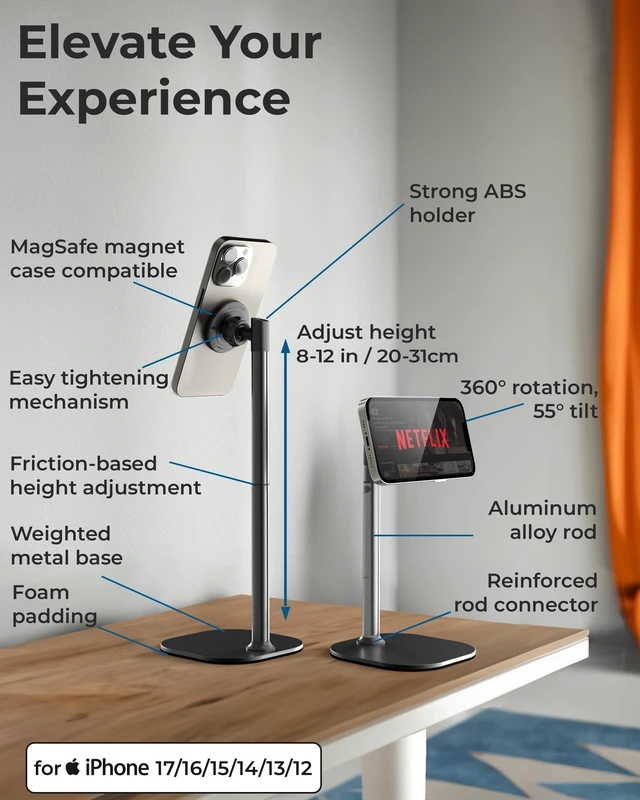 Alt view image 12 of 12 - MagStand, Adjustable Magnetic iPhone Stand for Desk & Phone Holder for Video Recording, Compatible with MagSafe, Stand for iPhone 17 Pro Max, 16/15/14/13/12, Small Mag Safe Tripod (Black)