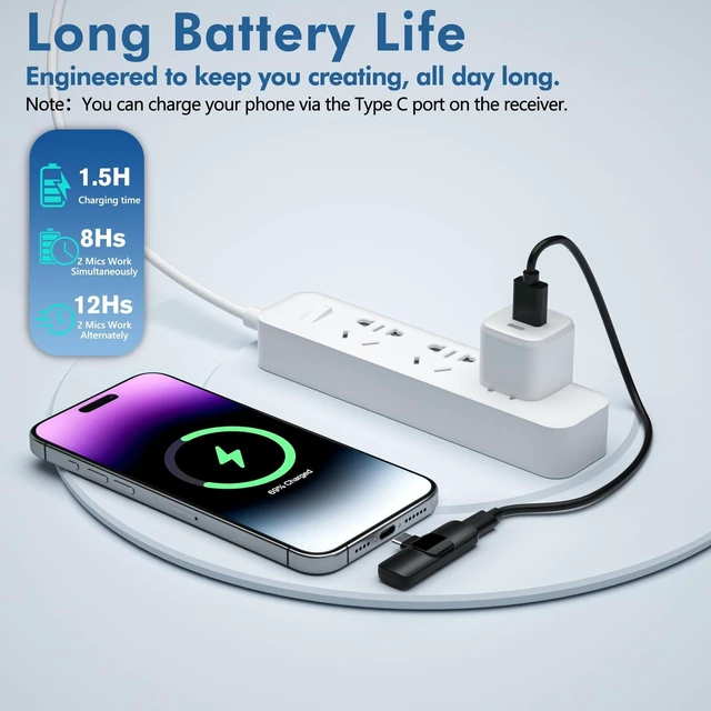 Alt view image 5 of 7 - Wireless Lavalier Microphone Mini Lapel Mic with USB-C + Lightning Adapters 48kHz/24-bit Omnidirectional Audio 2.4GHz Transmission 66ft Range For iPhone/iPad Video Recording