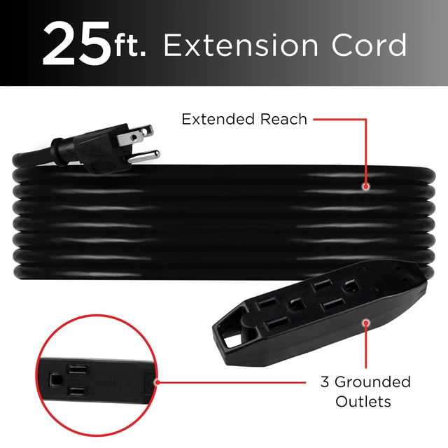 Alt view image 7 of 10 - 25 Ft 3 Outlet Indoor Extension Cord with Multiple Outlets 2 Pack | Long Grounded Heavy Duty Extension Cord 16 Gauge ETL Listed Black 50807