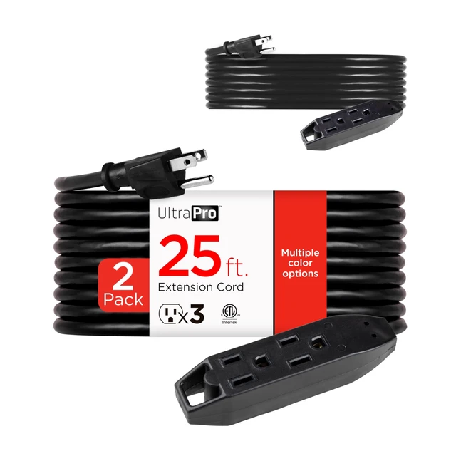 Alt view image 6 of 10 - 25 Ft 3 Outlet Indoor Extension Cord with Multiple Outlets 2 Pack | Long Grounded Heavy Duty Extension Cord 16 Gauge ETL Listed Black 50807