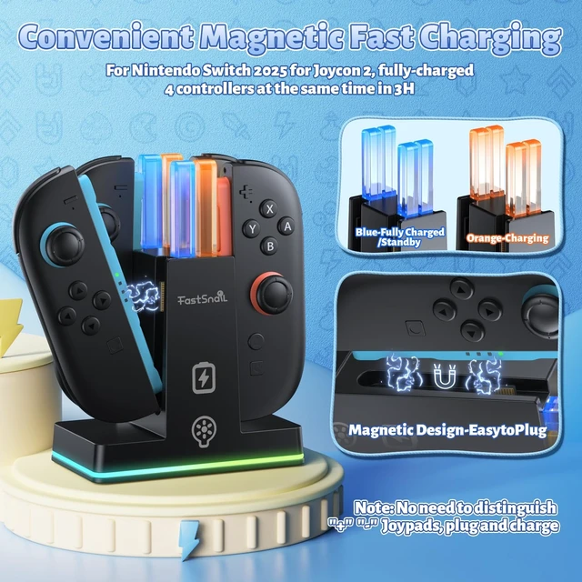 Alt view image 9 of 14 - Charging Dock for Nintendo Switch 2(2025) for Joy-Con 2, Dual-Direction Magnetic Fast Controller Charger Station with 9 RGB Light & Charging Cable for Joycon 2 Stand Accessories