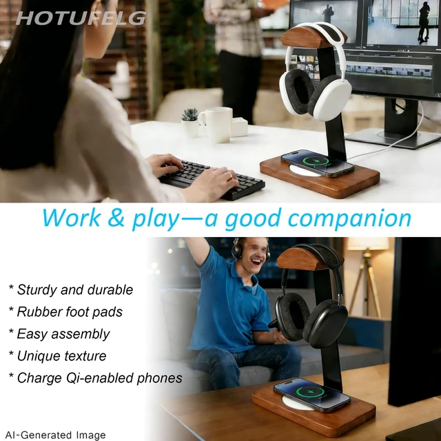 Alt view image 9 of 12 - Wooden Headphone Stand with Wireless Charging Pad, 2-in-1 for Walnut Desk | Universal Headset Stand for Gaming Desk, Headphone Rack Compatible with Airpods Max,Bose,AKG Equipment Accessories