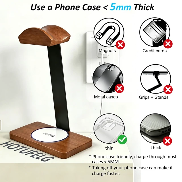 Alt view image 10 of 12 - Wooden Headphone Stand with Wireless Charging Pad, 2-in-1 for Walnut Desk | Universal Headset Stand for Gaming Desk, Headphone Rack Compatible with Airpods Max,Bose,AKG Equipment Accessories