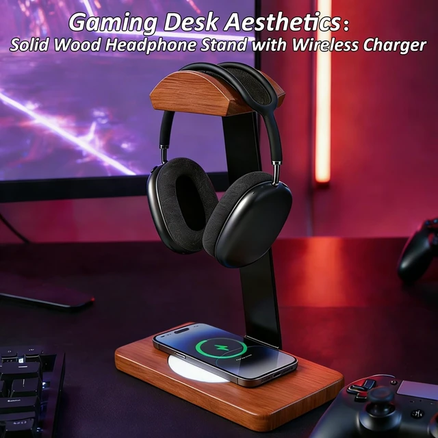 Alt view image 8 of 12 - Wooden Headphone Stand with Wireless Charging Pad, 2-in-1 for Walnut Desk | Universal Headset Stand for Gaming Desk, Headphone Rack Compatible with Airpods Max,Bose,AKG Equipment Accessories