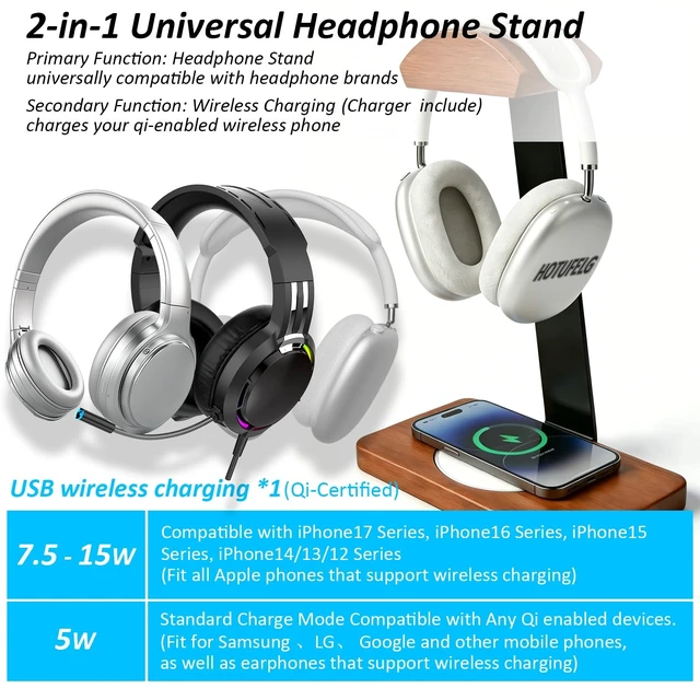 Alt view image 11 of 12 - Wooden Headphone Stand with Wireless Charging Pad, 2-in-1 for Walnut Desk | Universal Headset Stand for Gaming Desk, Headphone Rack Compatible with Airpods Max,Bose,AKG Equipment Accessories