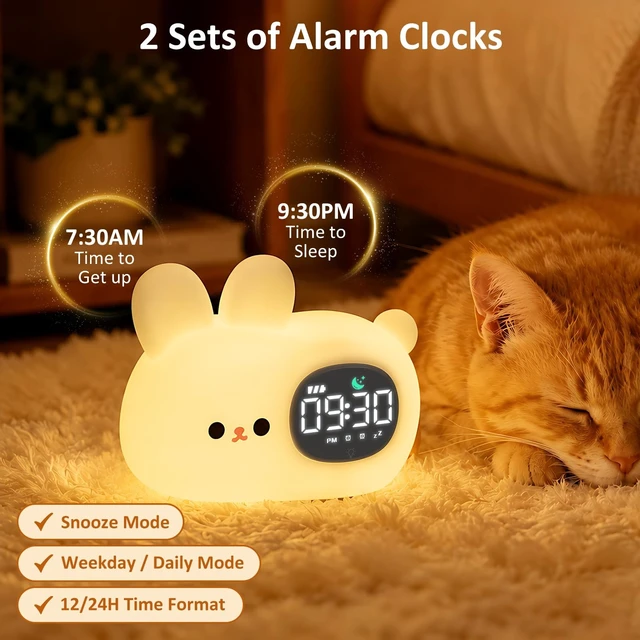 Alt view image 11 of 14 - Bunny Kids Alarm Clock with Night Light, OK to Wake Clock for Toddler | Cute Digital Clock for Bedroom Bedside, Dual Alarm, Multicolor Night Light, White Noise, Desk Clock Gift for Boys and Girls