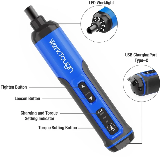 Alt view image 9 of 14 - Werktough 4V Mini Electric Cordless Screwdriver with 3-Gear Torque 5Nm Power 25pc Screwdriver Bits S2 LED Light USB Charging Home Improvement S026