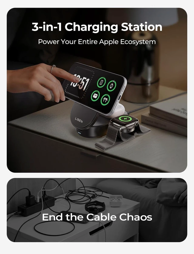 Alt view image 10 of 14 - QI2.2 25W MagSafe Wireless Charger for iPhone 18 Pro Max, Qi2 25W 3 in 1 Charging Station Apple Stand for iPhone 18/17/16/15/14/13 Pro Max, Apple Watch&AirPods, Travel Portable with 45W Adapter