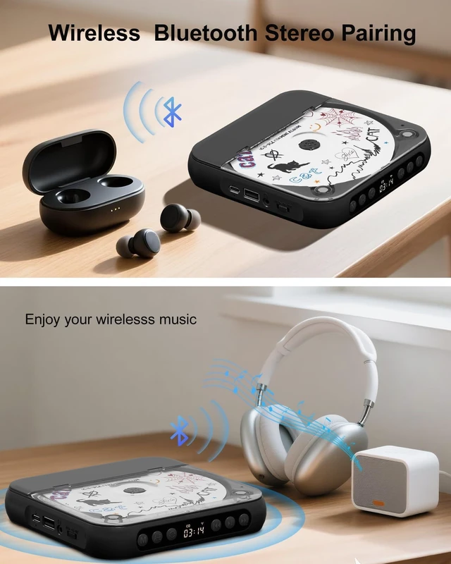 Alt view image 10 of 14 - CD Player Portable with Dual Stereo Speakers, Rechargeable Portable CD Player with Bluetooth for Home with Headphones,Black
