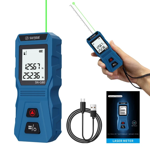 Alt view image 8 of 14 - Mini Green Laser Distance Meter 262Ft Rechargeable Digital Measuring Tool with USB Type-C, Area/Volume Modes, Max/Min, ±3mm Accuracy, Pocket-Sized Compact Design