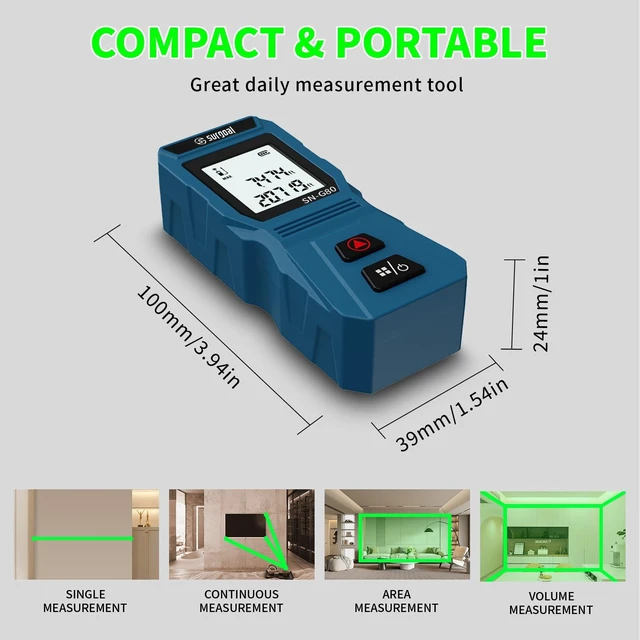 Alt view image 9 of 14 - Mini Green Laser Distance Meter 262Ft Rechargeable Digital Measuring Tool with USB Type-C, Area/Volume Modes, Max/Min, ±3mm Accuracy, Pocket-Sized Compact Design