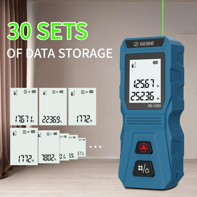 Alt view image 12 of 14 - Mini Green Laser Distance Meter 262Ft Rechargeable Digital Measuring Tool with USB Type-C, Area/Volume Modes, Max/Min, ±3mm Accuracy, Pocket-Sized Compact Design