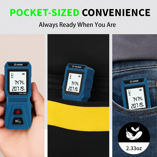 Alt view image 14 of 14 - Mini Green Laser Distance Meter 262Ft Rechargeable Digital Measuring Tool with USB Type-C, Area/Volume Modes, Max/Min, ±3mm Accuracy, Pocket-Sized Compact Design