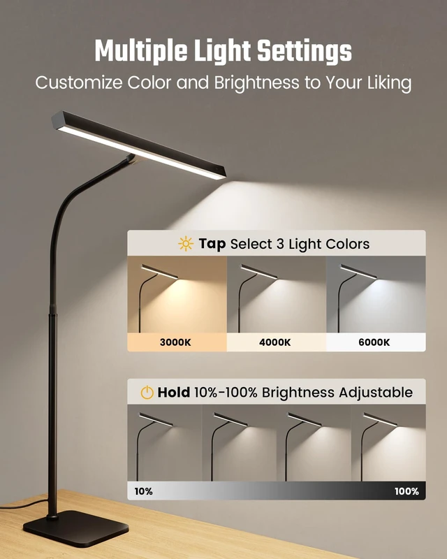 Alt view image 12 of 14 - LED Desk Lamp for Home Office, Eye-Caring Desk Light with Base, 12W Touch Control 3 Colors Dimmable Brightness, Gooseneck Architect Lamp for Computer Monitor Reading Workbench, Black