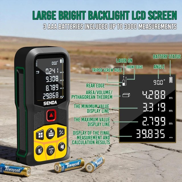 Alt view image 10 of 14 - Laser Measure, 197Ft Digital Laser Measurement Tool with LCD Backlit Display, 1/16in Accuracy, in/Ft/Ft+in/M, 20 Sets Data Storage, Laser Distance Meter, Pythagorean Mode Distance/Area/Volume