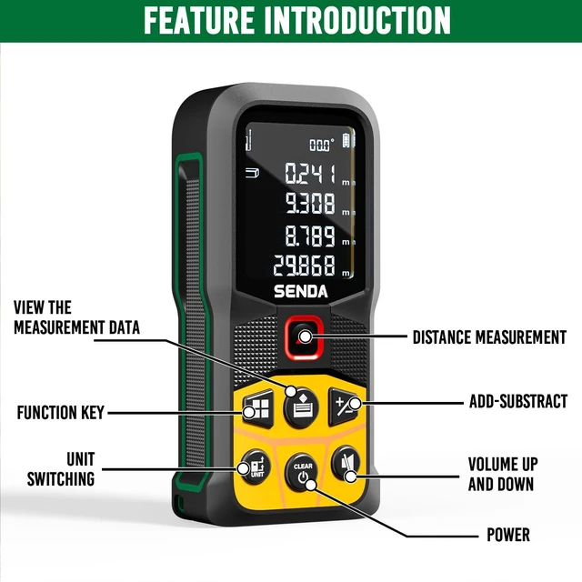 Alt view image 12 of 14 - Laser Measure, 197Ft Digital Laser Measurement Tool with LCD Backlit Display, 1/16in Accuracy, in/Ft/Ft+in/M, 20 Sets Data Storage, Laser Distance Meter, Pythagorean Mode Distance/Area/Volume