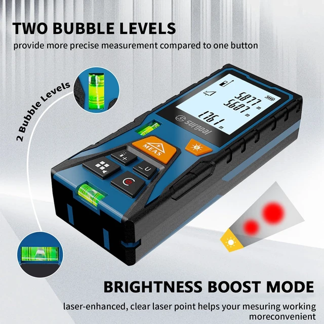 Alt view image 9 of 14 - Laser Distance Meter 196ft Digital Laser Measuring Tool with LCD Backlit Display, Area Volume Pythagorean, ±2mm Accuracy, Class II, Electronic Tape Measure for DIY Construction AAA Battery Powered