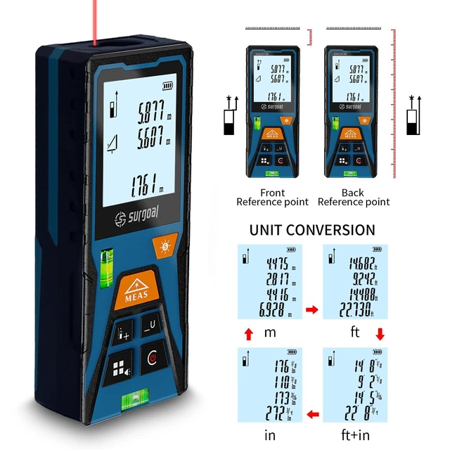 Alt view image 11 of 14 - Laser Distance Meter 196ft Digital Laser Measuring Tool with LCD Backlit Display, Area Volume Pythagorean, ±2mm Accuracy, Class II, Electronic Tape Measure for DIY Construction AAA Battery Powered