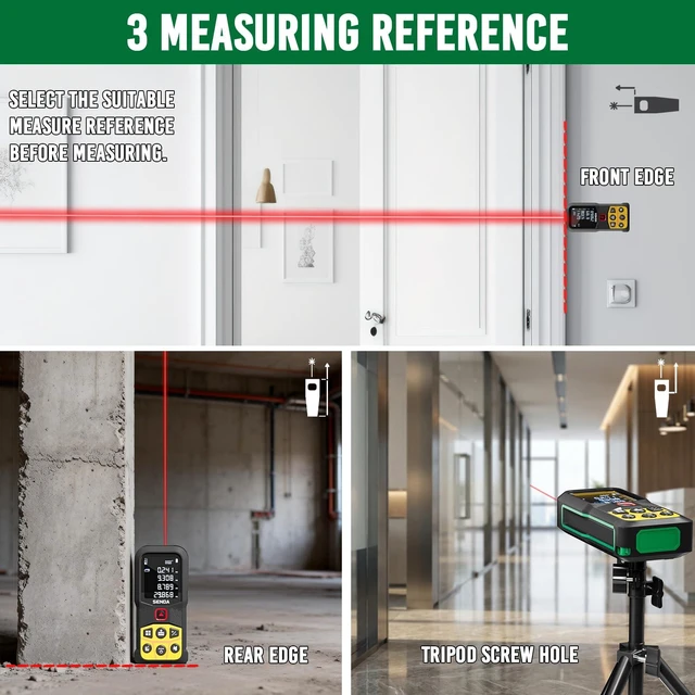 Alt view image 14 of 14 - Laser Measure, 197Ft Digital Laser Measurement Tool with LCD Backlit Display, 1/16in Accuracy, in/Ft/Ft+in/M, 20 Sets Data Storage, Laser Distance Meter, Pythagorean Mode Distance/Area/Volume
