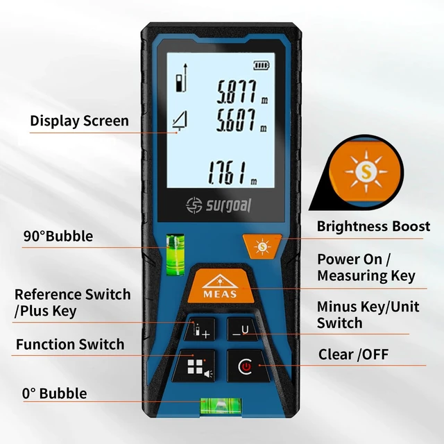 Alt view image 12 of 14 - Laser Distance Meter 196ft Digital Laser Measuring Tool with LCD Backlit Display, Area Volume Pythagorean, ±2mm Accuracy, Class II, Electronic Tape Measure for DIY Construction AAA Battery Powered