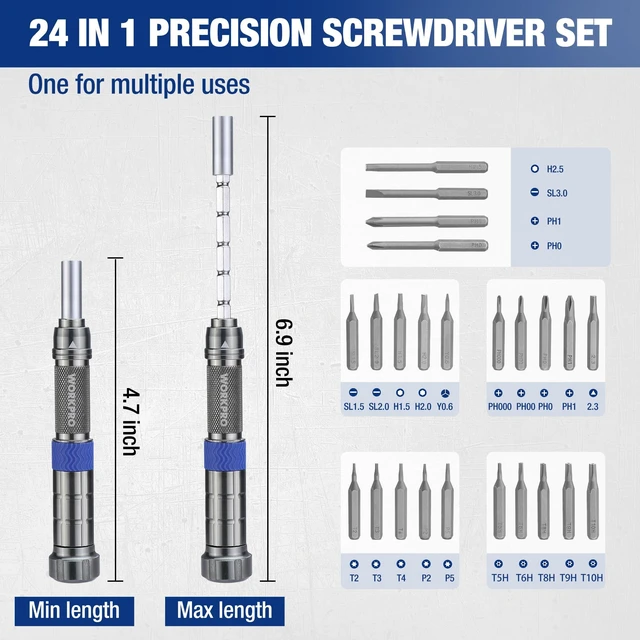 Alt view image 9 of 14 - 24 in 1 Small Screwdriver Set with Extendable Pole, Magnetic Mini Repair Tool Kit for Phone, Computer, Watch, Laptop, Macbook, Ring Doorbell, Eyeglass, Electronic