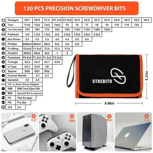 Alt view image 9 of 14 - Precision Screwdriver Set 142-Piece Electronic Repair Tool Kit with Torx T5 T6 T8 T15, Triwing Y000, Star P5, Gamebit, Tech Toolkit for Computer, Laptop, iPhone, Nintendo, PS5, Ring, Orange