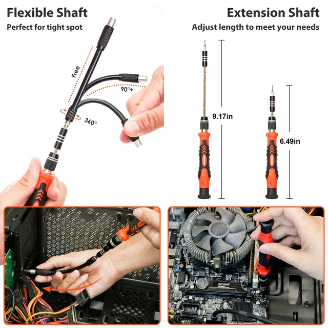Alt view image 11 of 14 - Precision Screwdriver Set 142-Piece Electronic Repair Tool Kit with Torx T5 T6 T8 T15, Triwing Y000, Star P5, Gamebit, Tech Toolkit for Computer, Laptop, iPhone, Nintendo, PS5, Ring, Orange