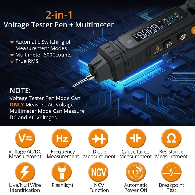 Alt view image 9 of 14 - 2 in 1 Pen Type Digital Multimeter Non-Contact Voltage Tester 6000 Counts Intelligent Multimeter with LCD Display for AC/DC Voltage Resistance Diode Continuity Capacitance Frequency