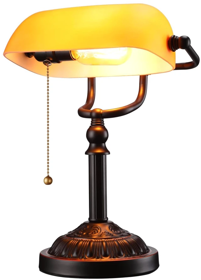 Alt view image 8 of 14 - Amber Glass Bankers Desk Lamp, Antique Desk Lamps with Retro Weighted Base, Traditional Library Lamp with Pull Chain, E26 Base, Vintage Desk Lamp for Office, Study Room(Matted Orange)