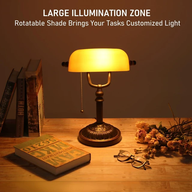 Alt view image 11 of 14 - Amber Glass Bankers Desk Lamp, Antique Desk Lamps with Retro Weighted Base, Traditional Library Lamp with Pull Chain, E26 Base, Vintage Desk Lamp for Office, Study Room(Matted Orange)