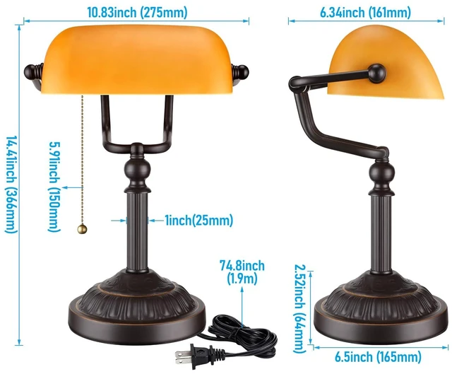 Alt view image 14 of 14 - Amber Glass Bankers Desk Lamp, Antique Desk Lamps with Retro Weighted Base, Traditional Library Lamp with Pull Chain, E26 Base, Vintage Desk Lamp for Office, Study Room(Matted Orange)