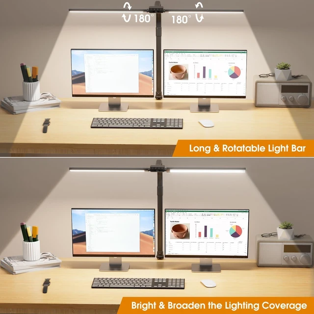 Alt view image 9 of 14 - LED Desk Lamp for Home Office - Dimmable Computer Desk Light with Clamp, Modern Architect Task Lamp with Color Changing, Flexible Desktop Lamp with Gooseneck for Monitor, Double Head, Black
