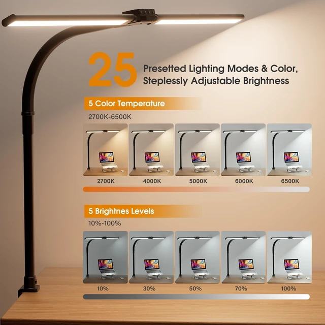 Alt view image 10 of 14 - LED Desk Lamp for Home Office - Dimmable Computer Desk Light with Clamp, Modern Architect Task Lamp with Color Changing, Flexible Desktop Lamp with Gooseneck for Monitor, Double Head, Black