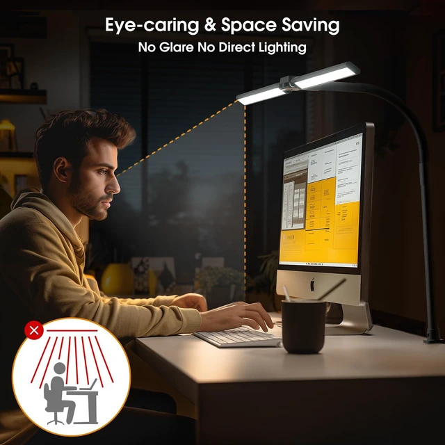Alt view image 12 of 14 - LED Desk Lamp for Home Office - Dimmable Computer Desk Light with Clamp, Modern Architect Task Lamp with Color Changing, Flexible Desktop Lamp with Gooseneck for Monitor, Double Head, Black