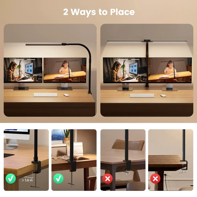 Alt view image 14 of 14 - LED Desk Lamp for Home Office - Dimmable Computer Desk Light with Clamp, Modern Architect Task Lamp with Color Changing, Flexible Desktop Lamp with Gooseneck for Monitor, Double Head, Black