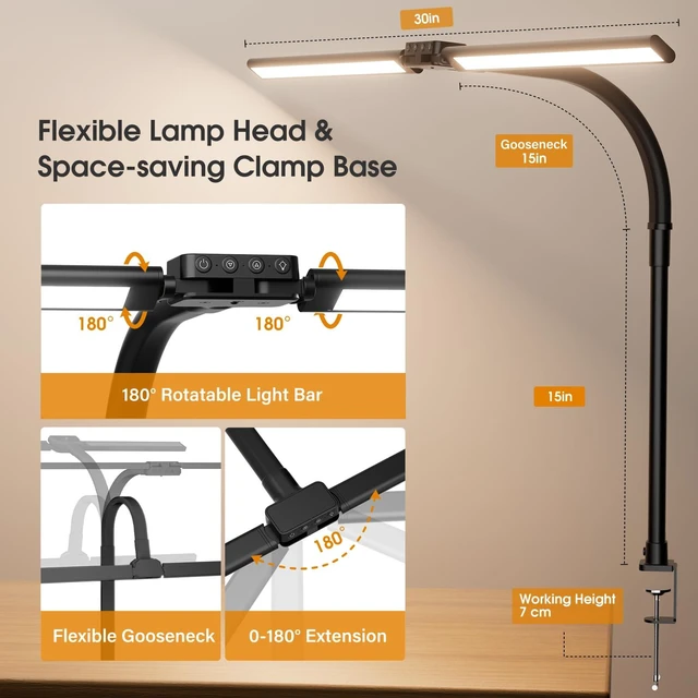 Alt view image 11 of 14 - LED Desk Lamp for Home Office - Dimmable Computer Desk Light with Clamp, Modern Architect Task Lamp with Color Changing, Flexible Desktop Lamp with Gooseneck for Monitor, Double Head, Black