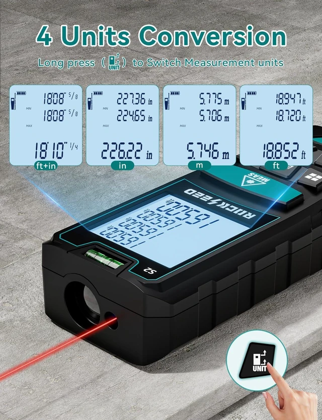 Alt view image 10 of 14 - Laser Measure,RockSeed Digital Laser Distance Meter with 2 Bubble Levels,Portable M/in/Ft Unit Switching Backlit LCD and Measuring Distance/Area/Volume/Pythagorean