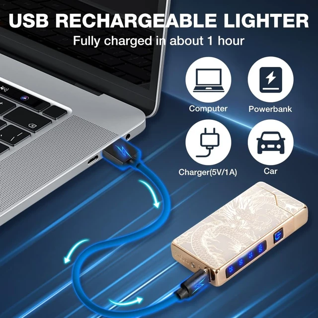 Alt view image 10 of 14 - Electric Lighter Rechargeable Plasma Lighter Men Cool Dragon Pocket Lighter | Windproof Dual Arc, Led Battery Display, USB Charging, Christmas Stocking Stuffers, Birthday Gifts for Men (Dragon Gold)