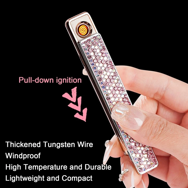 Alt view image 9 of 14 - Electric Lighter, Luxury Bling Rhinestone Type-C Rechargeable Lighters with Pull-Out Ignition, Windproof Flameless Thickened Tungsten Ignition Electronic Lighter for Girls, Women Gifts-Silver