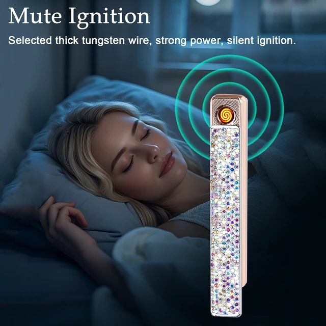 Alt view image 11 of 14 - Electric Lighter, Luxury Bling Rhinestone Type-C Rechargeable Lighters with Pull-Out Ignition, Windproof Flameless Thickened Tungsten Ignition Electronic Lighter for Girls, Women Gifts-Silver