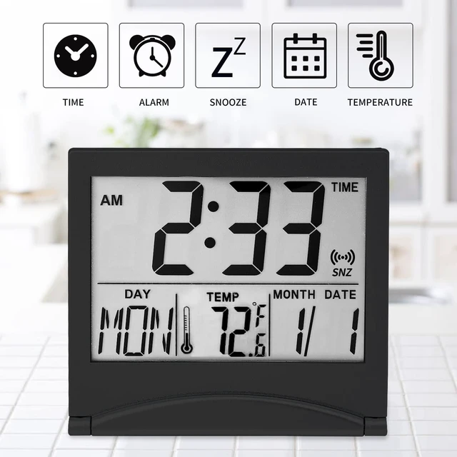 Alt view image 9 of 14 - Small Digital Travel Alarm Clock Battery Operated, Portable Large Number Display Alarm Clock with Date & Temperature,12/24 H Small Desk Clock-Black(No Light)