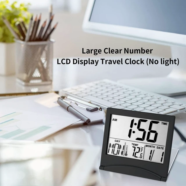 Alt view image 10 of 14 - Small Digital Travel Alarm Clock Battery Operated, Portable Large Number Display Alarm Clock with Date & Temperature,12/24 H Small Desk Clock-Black(No Light)