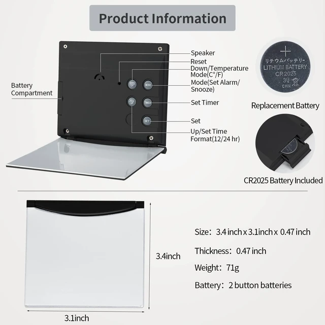 Alt view image 14 of 14 - Small Digital Travel Alarm Clock Battery Operated, Portable Large Number Display Alarm Clock with Date & Temperature,12/24 H Small Desk Clock-Black(No Light)