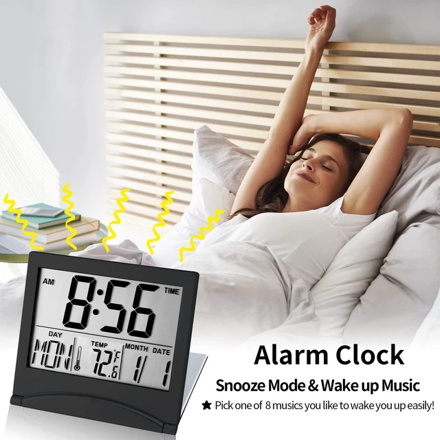 Alt view image 12 of 14 - Small Digital Travel Alarm Clock Battery Operated, Portable Large Number Display Alarm Clock with Date & Temperature,12/24 H Small Desk Clock-Black(No Light)