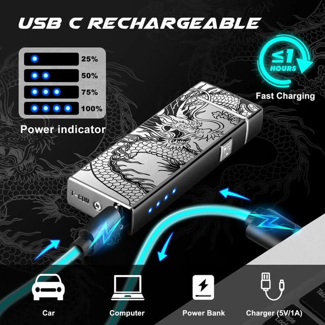 Alt view image 10 of 14 - Electric Lighter Rechargeable Plasma Lighter Men Cool Dragon Pocket Lighter | Windproof Dual Arc, Battery Indicator, Christmas Stocking Stuffers, Birthday Gifts for Men Father Husband (Black Dragon)