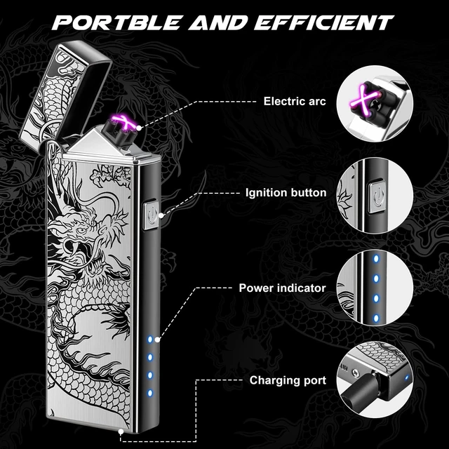 Alt view image 9 of 14 - Electric Lighter Rechargeable Plasma Lighter Men Cool Dragon Pocket Lighter | Windproof Dual Arc, Battery Indicator, Christmas Stocking Stuffers, Birthday Gifts for Men Father Husband (Black Dragon)